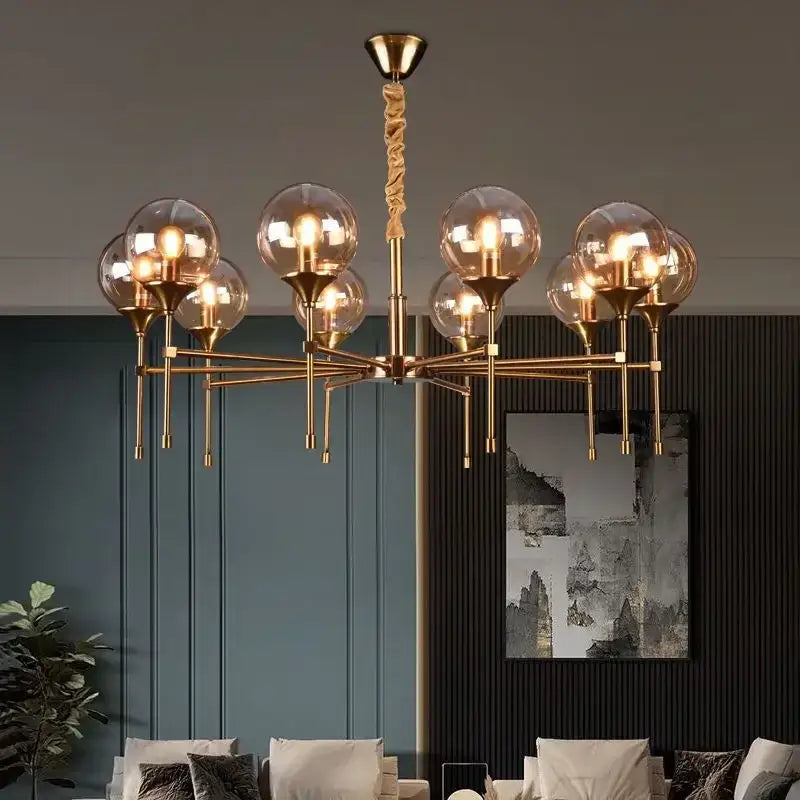 Modern brass designer metal chandelier living room smoked glass globes