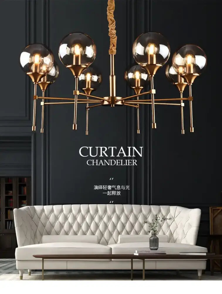 Modern brass designer metal chandelier living room smoked glass globes