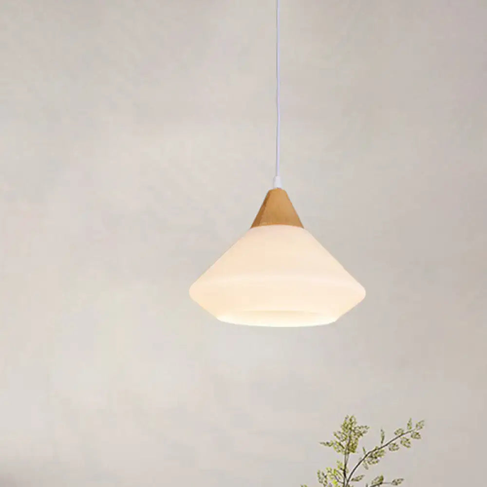 Modernist diamond white glass and wood pendant light dining room