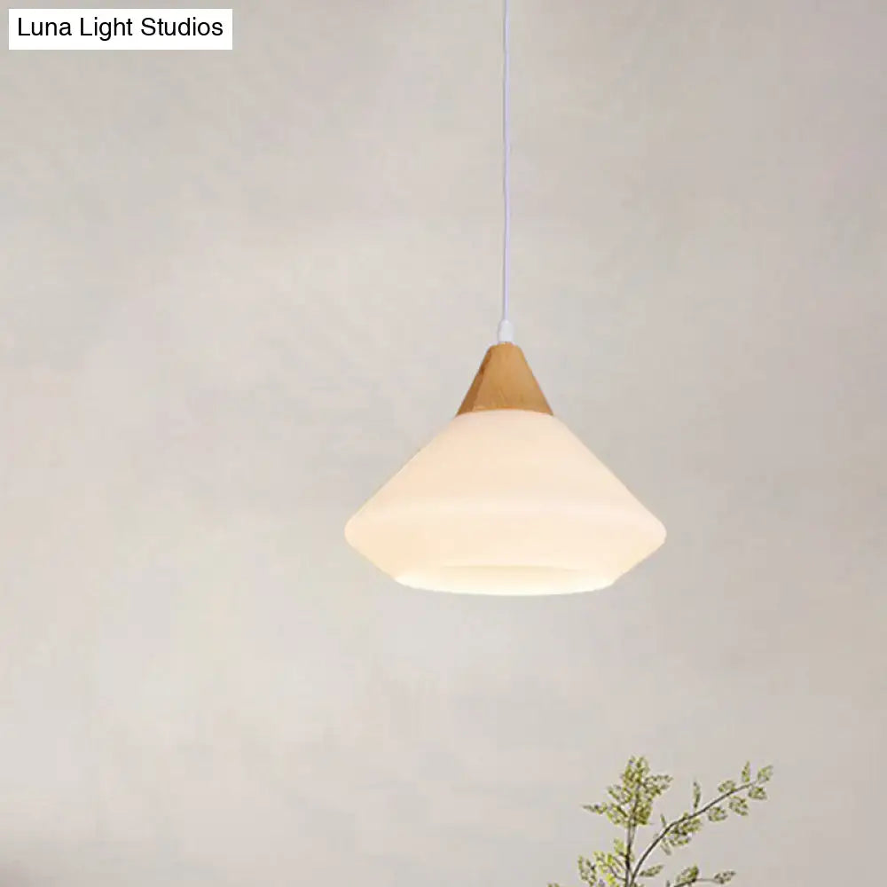 Modernist diamond white glass and wood pendant light dining room