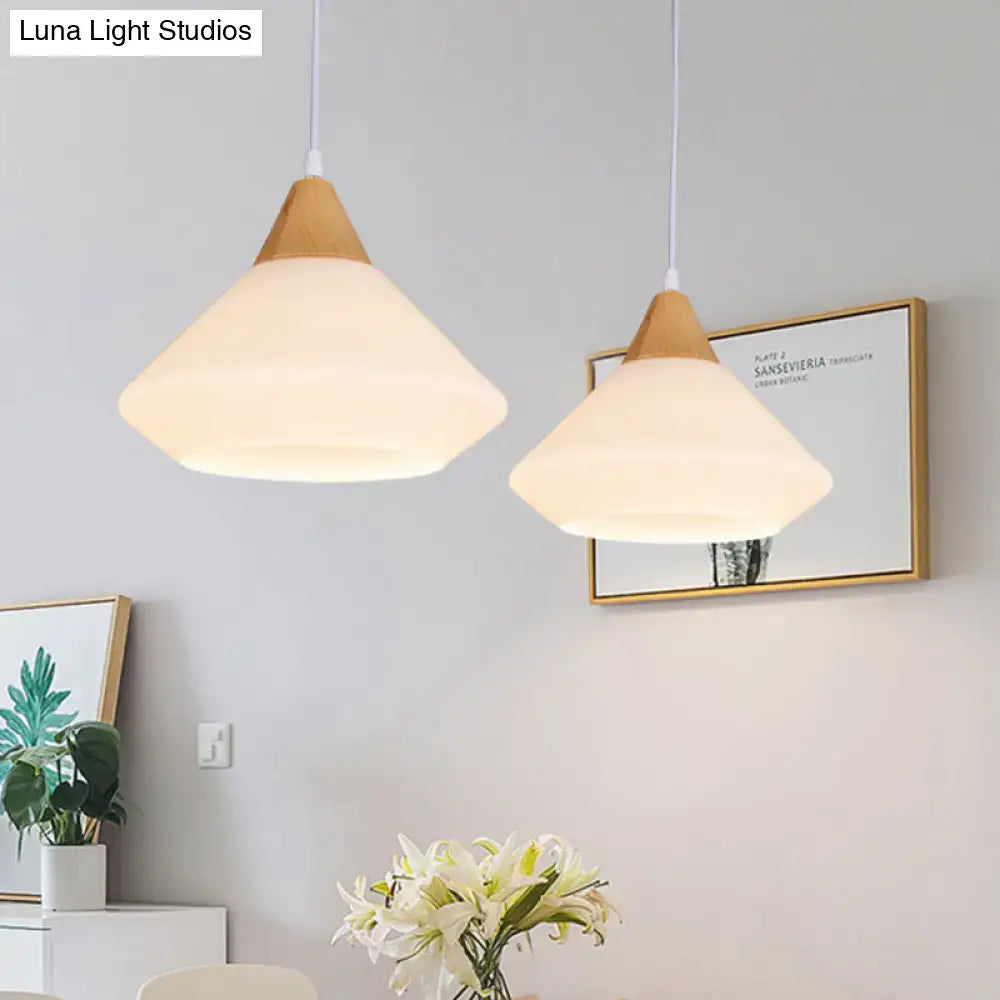 Modernist diamond white glass and wood pendant light dining room
