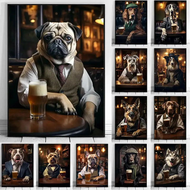 Pug in vest dog pub canvas wall art for home bar or living room