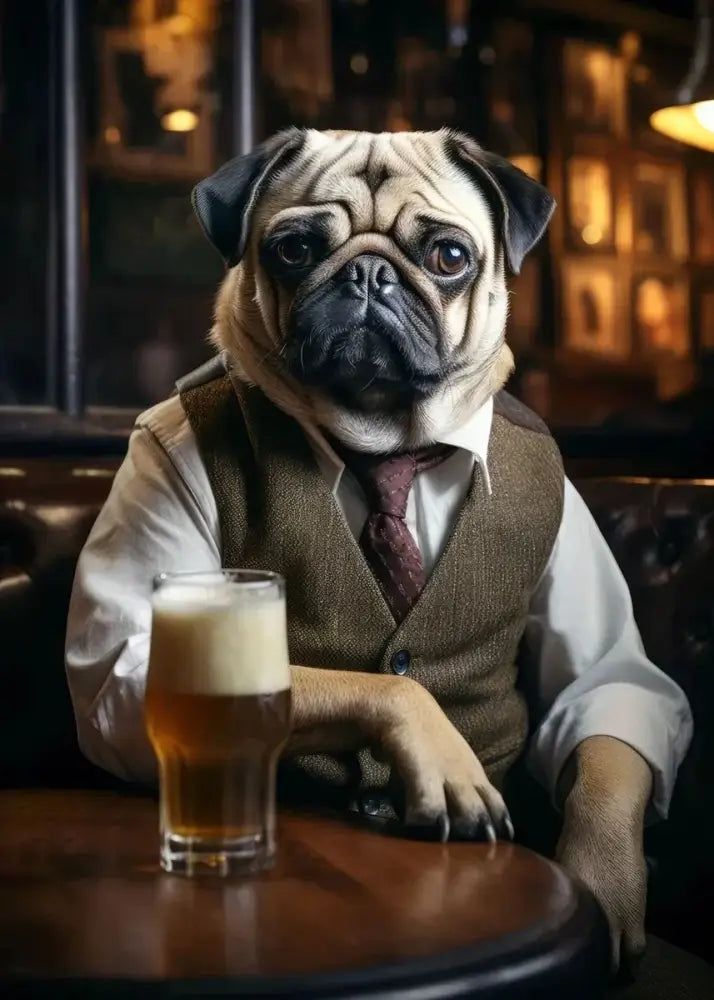 Pug in vest dog pub canvas wall art for home bar or living room