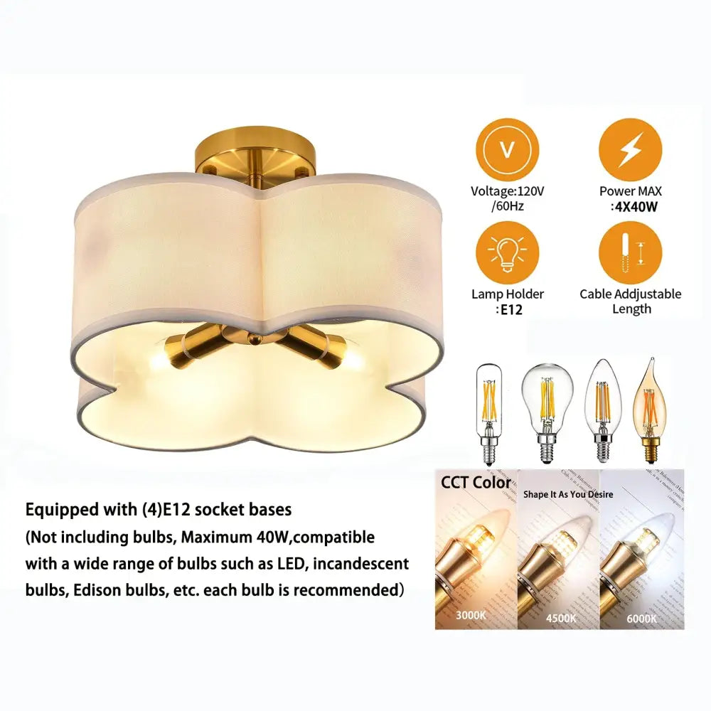 Elegant gold 4-light ceiling light fixture for bedroom