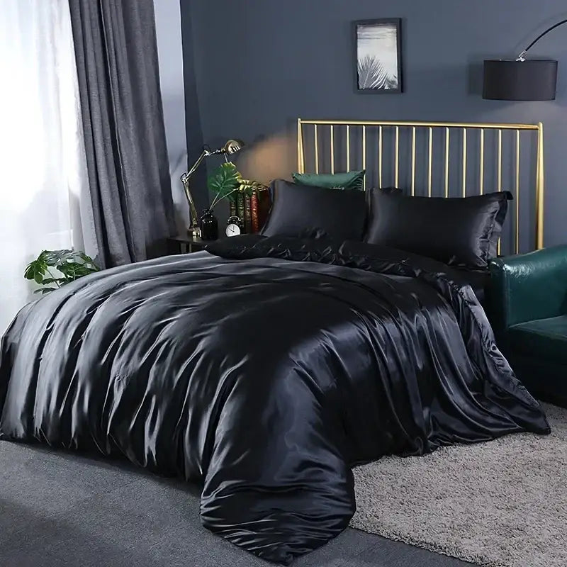 Elegant chocolate brown satin duvet cover bed sheet set bedroom