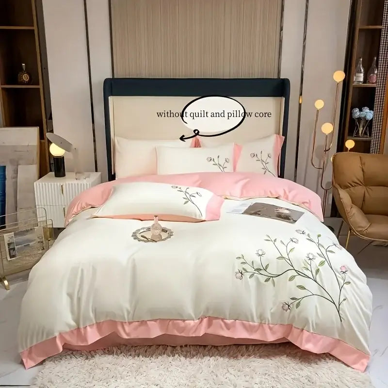 Elegant pink rose embroidery cream duvet cover set bedroom