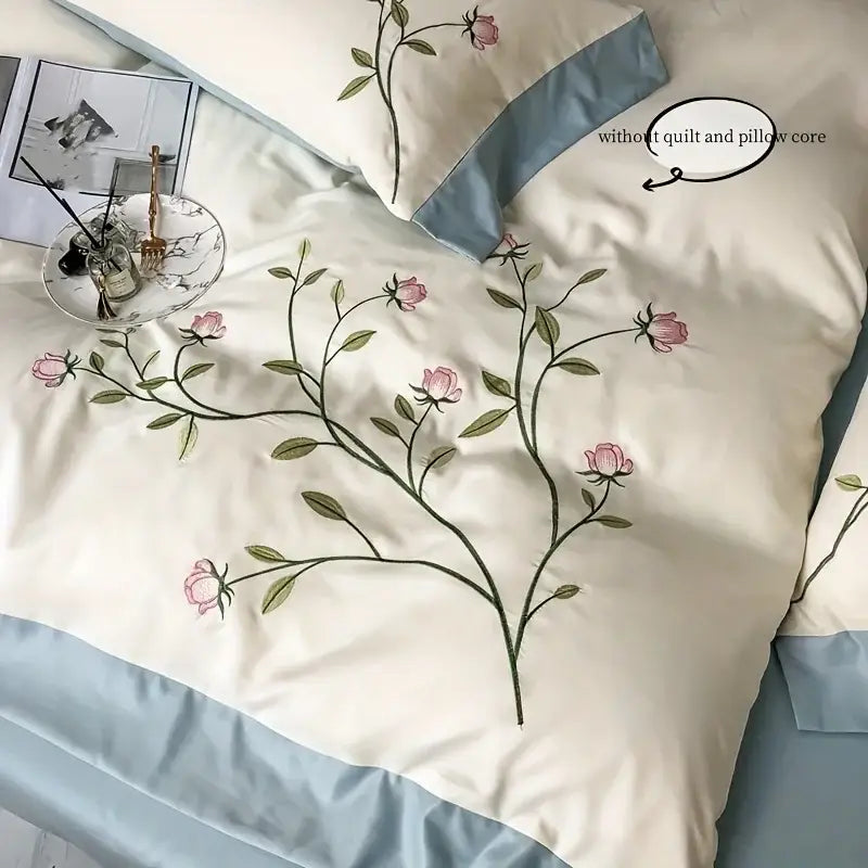 Elegant pink rose embroidery cream duvet cover set bedroom