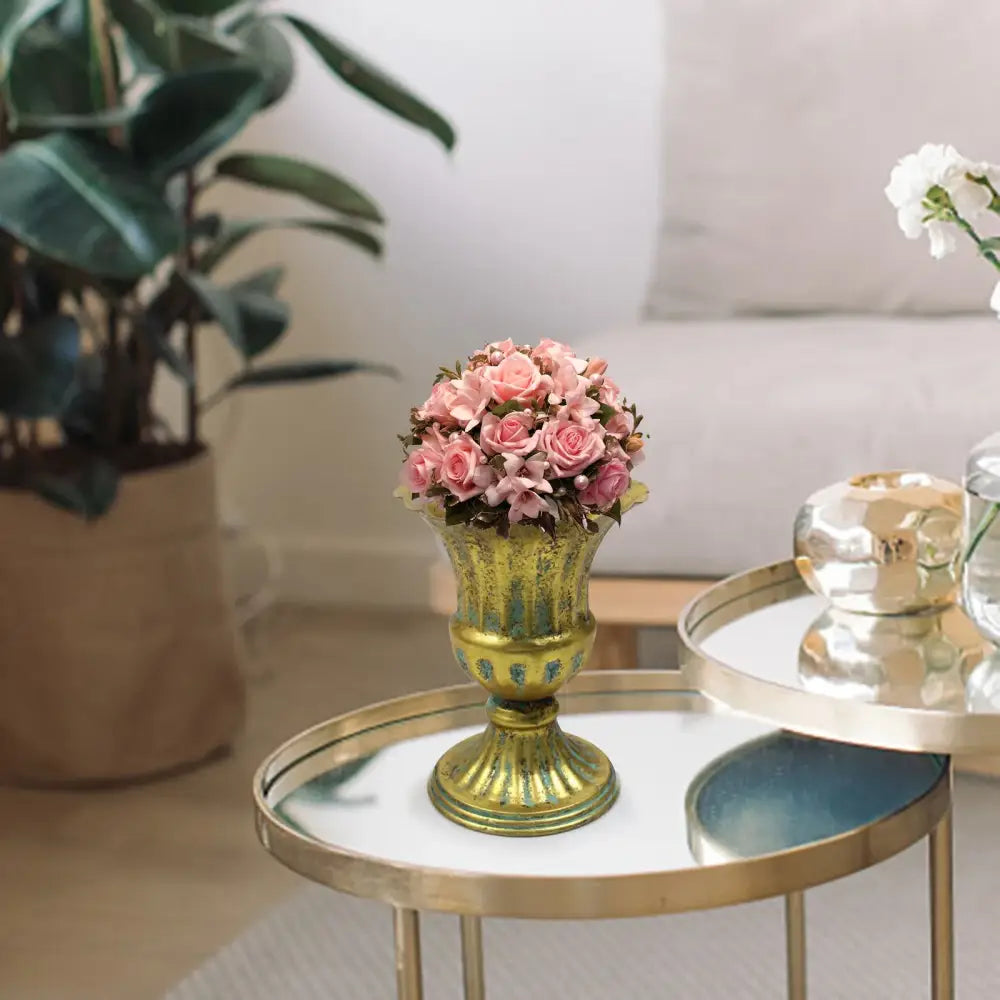 Ornate white & gold metal flower vase – dining room centerpiece
