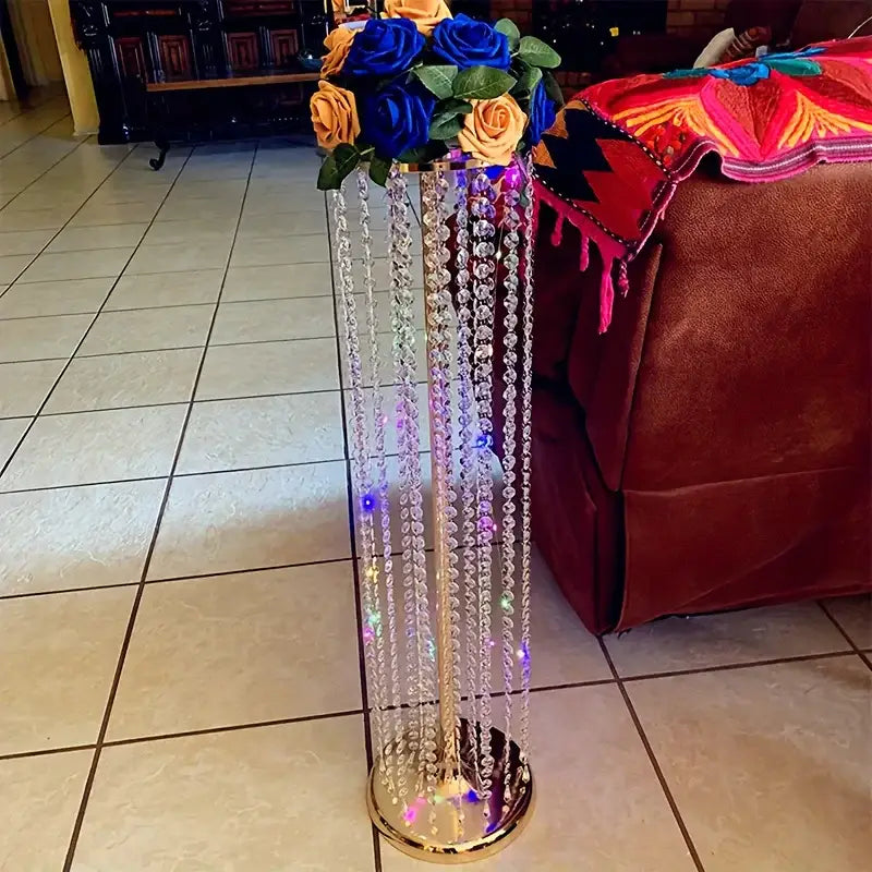 Elegant gold metal vases with crystals and roses wedding decor