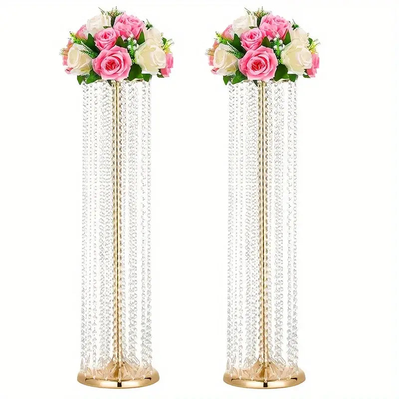 Elegant gold metal vases with crystals and roses wedding decor