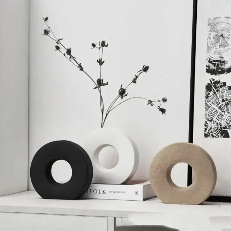 Minimalist black white & beige ceramic donut vase living room decor