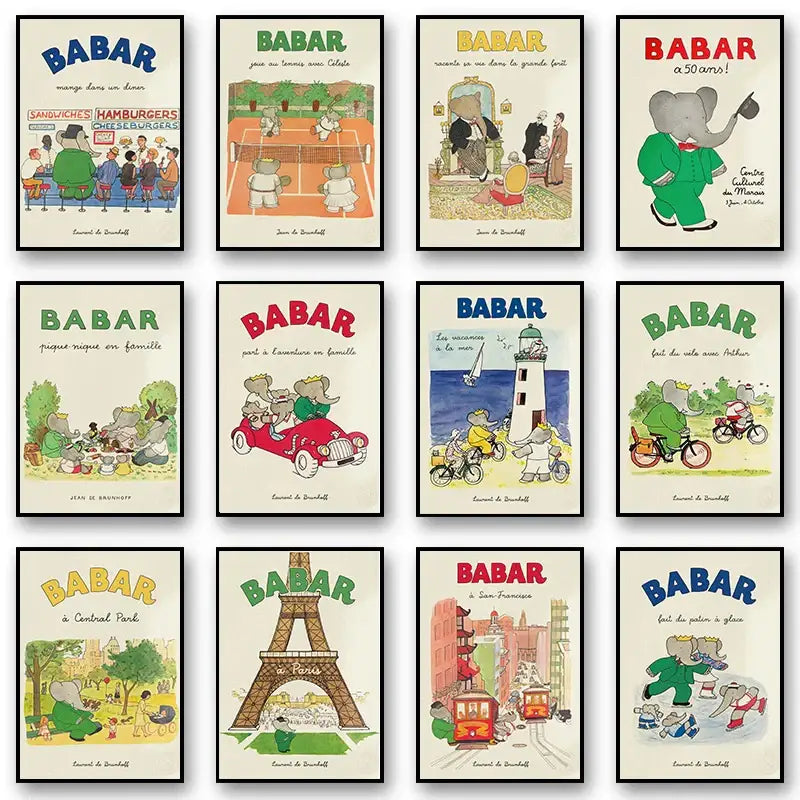 Elephant babar family yoga poster for kids room