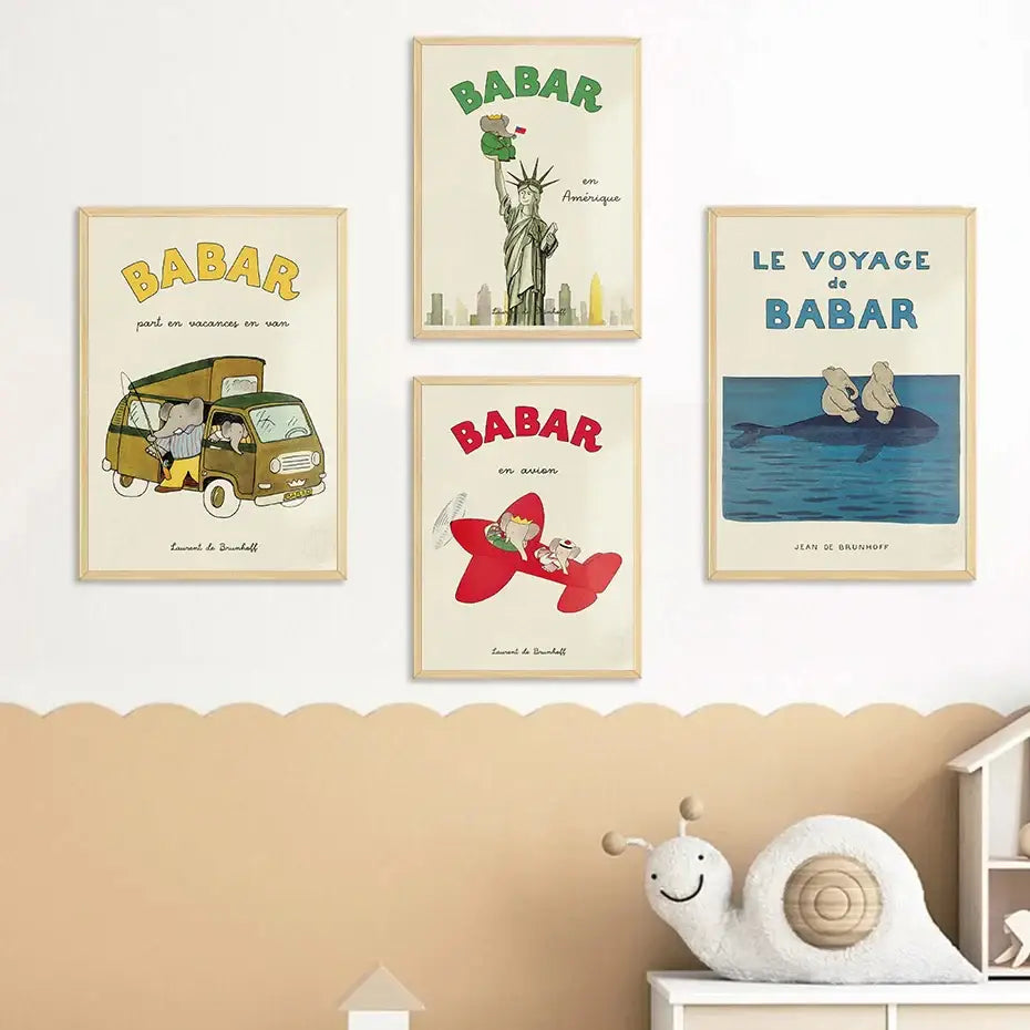 Elephant babar family yoga poster for kids room