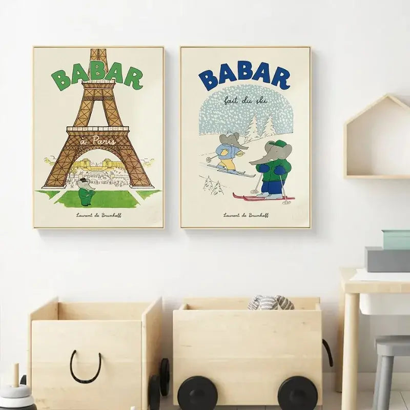 Elephant babar family yoga poster for kids room