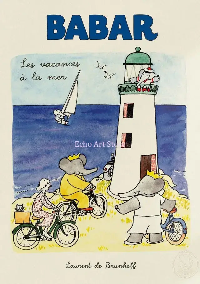 Vintage elephant babar family car poster kids room wall art