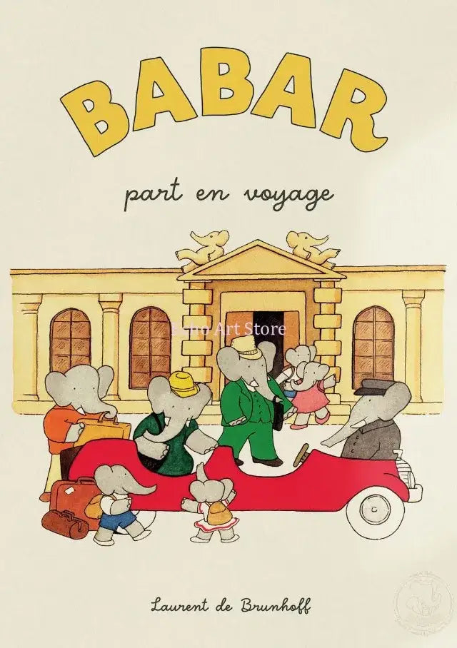 Vintage elephant babar family car poster kids room wall art