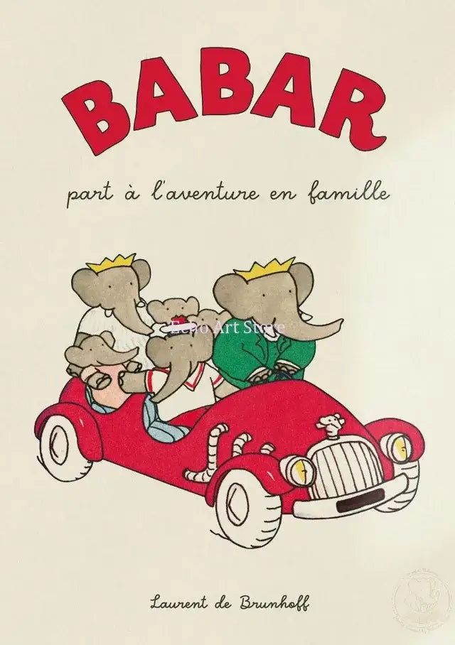 Vintage elephant babar family car poster kids room wall art