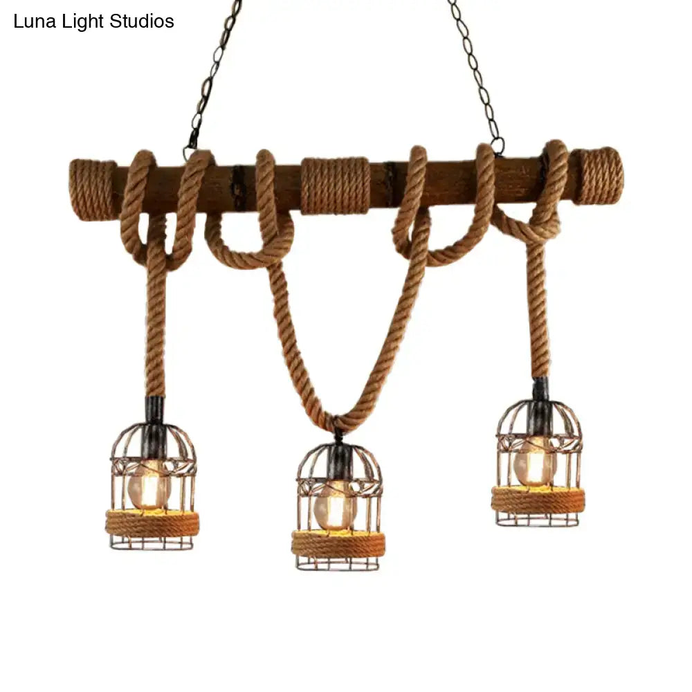 Rustic brown iron bird cage rope chandelier dining room pendant light