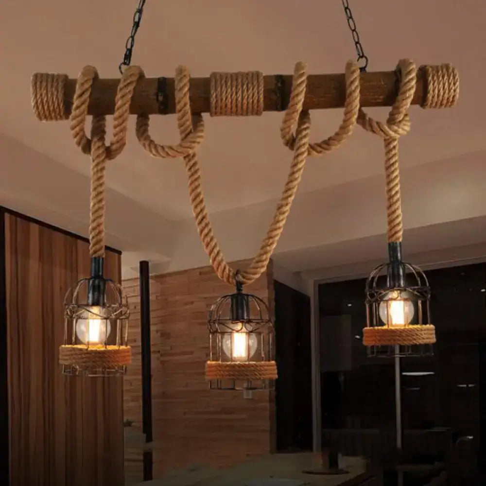 Rustic brown iron bird cage rope chandelier dining room pendant light
