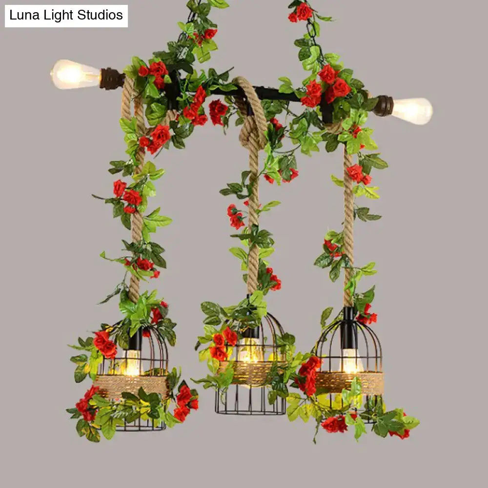 Rustic farmhouse metal island light with roses and vines dining room