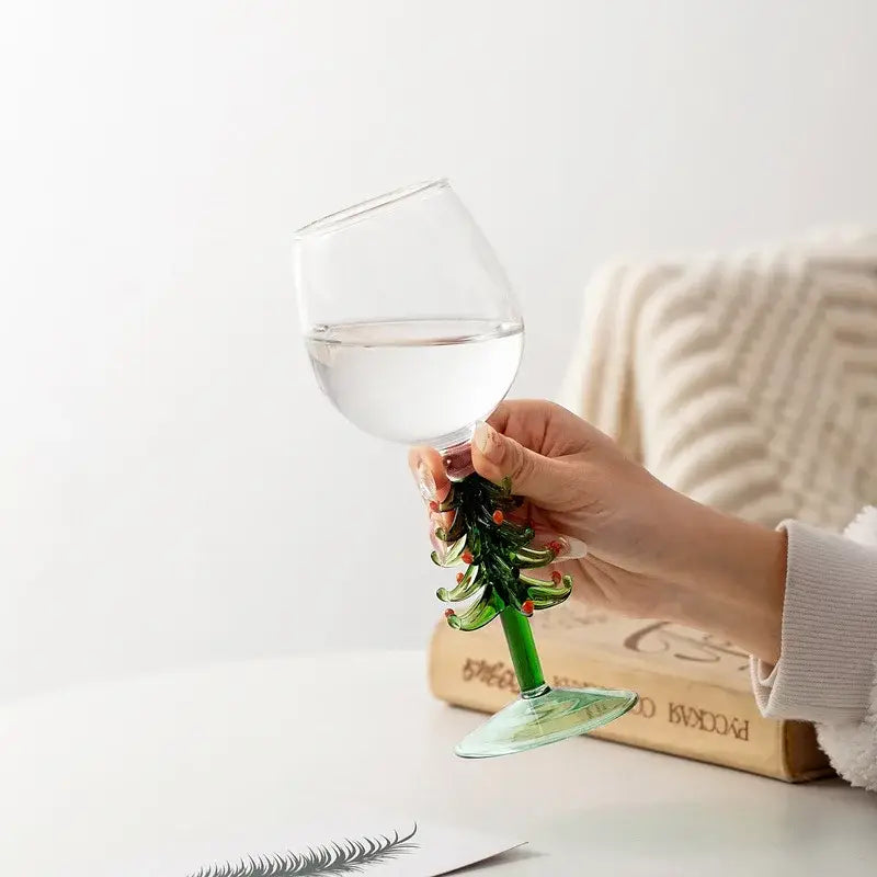 Festive green christmas wine glasses with tree stem dining room decor