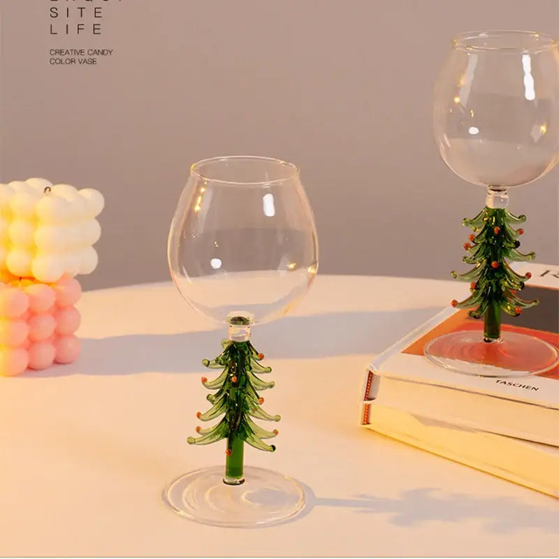 Festive green christmas wine glasses with tree stem dining room decor