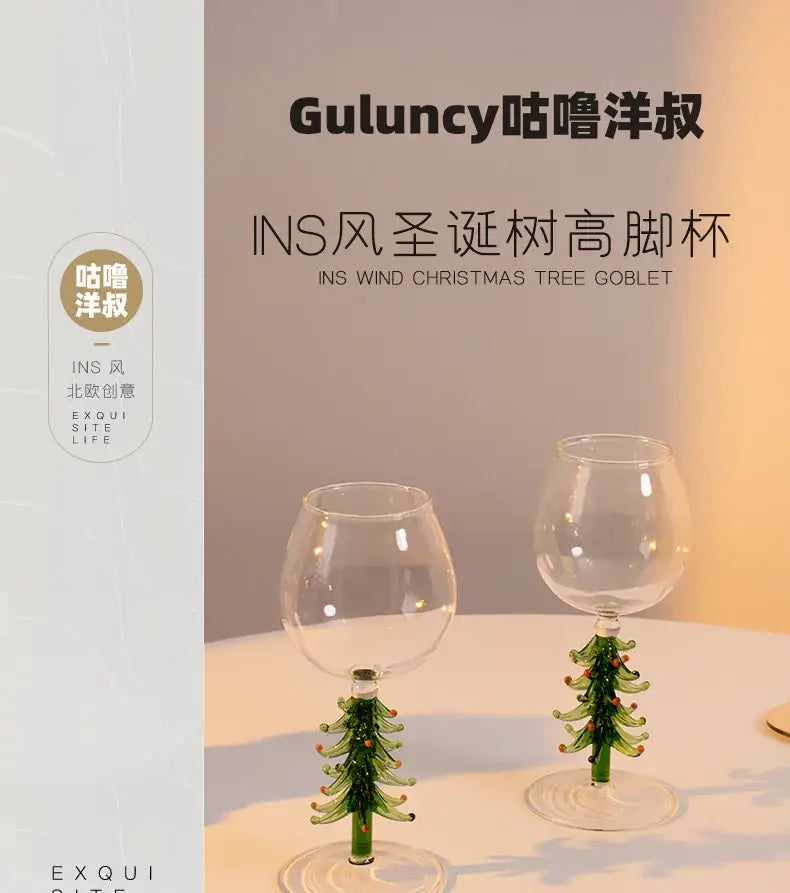 Festive green christmas wine glasses with tree stem dining room decor