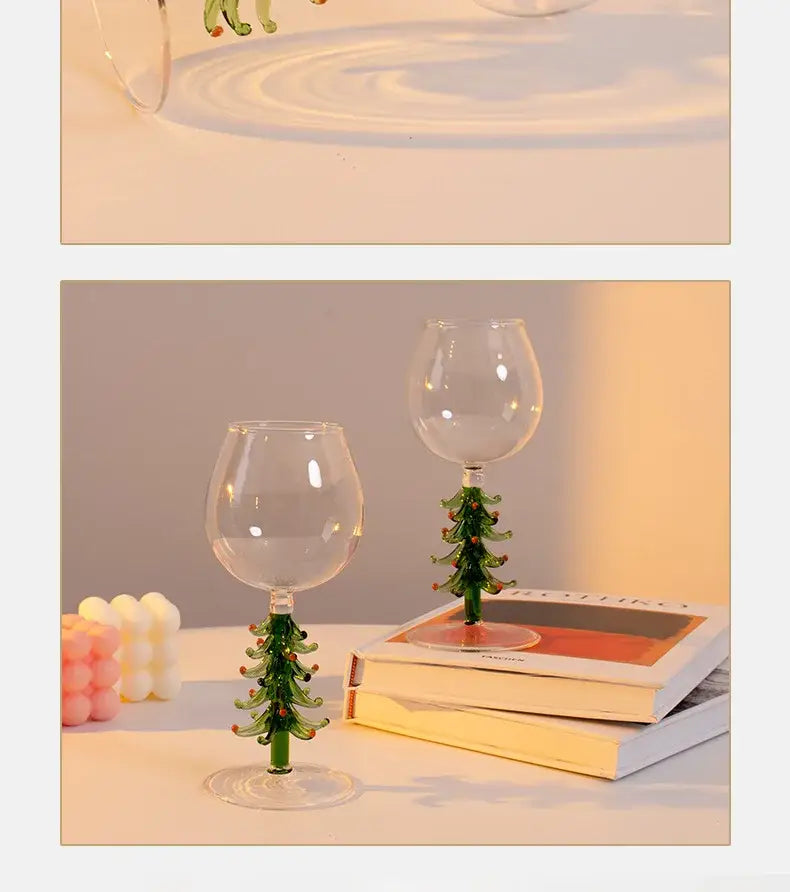 Festive green christmas wine glasses with tree stem dining room decor