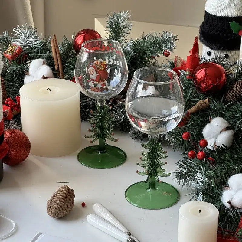 Festive green christmas wine glasses with tree stem dining room decor