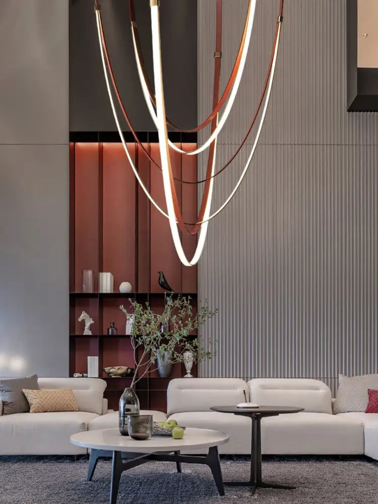 Modern double tiered led chandelier with flexible leather belt dining room light