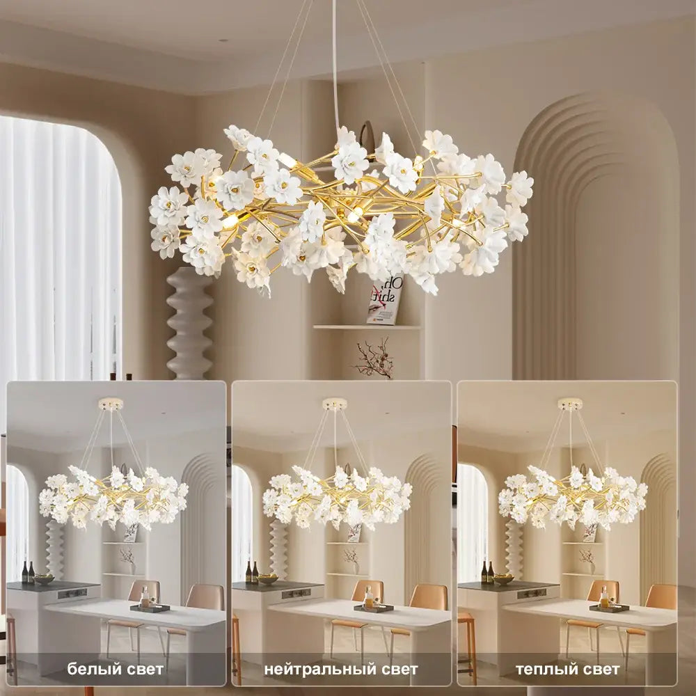 Modern french white flower ceramic chandelier dining room light