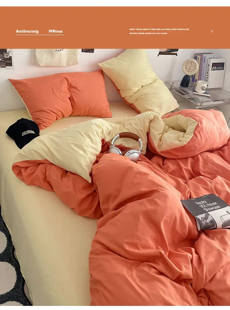 Orange & cream solid color quilt set – bedroom plush comforter