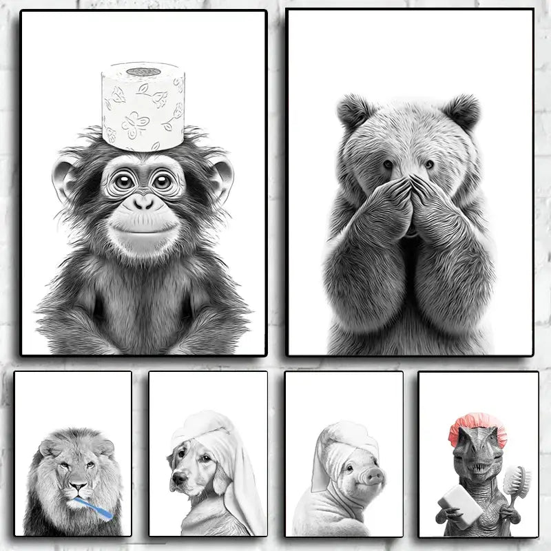 Pig shower black and white animal bathroom wall art