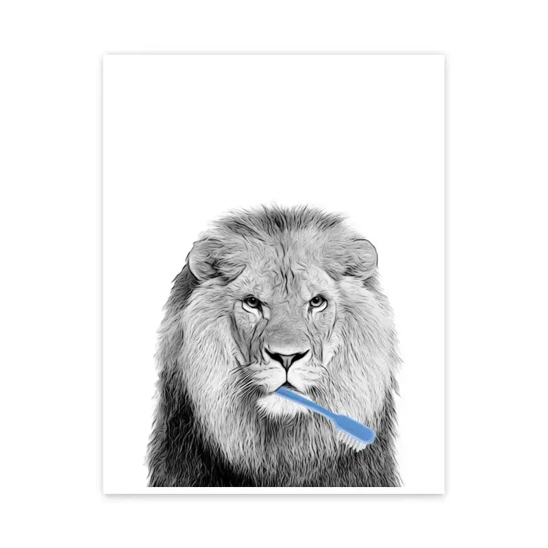 Funny lion with blue toothbrush bathroom wall art animal poster