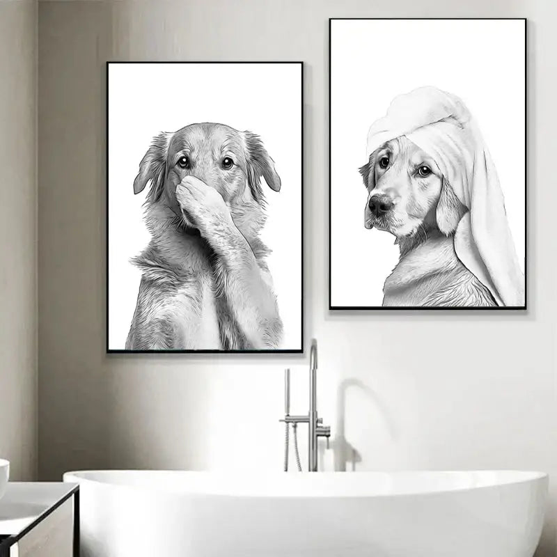 Funny boxer dog in towel bathroom wall art canvas print