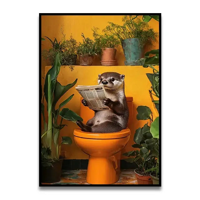 Funny green frog on toilet bathroom canvas wall art