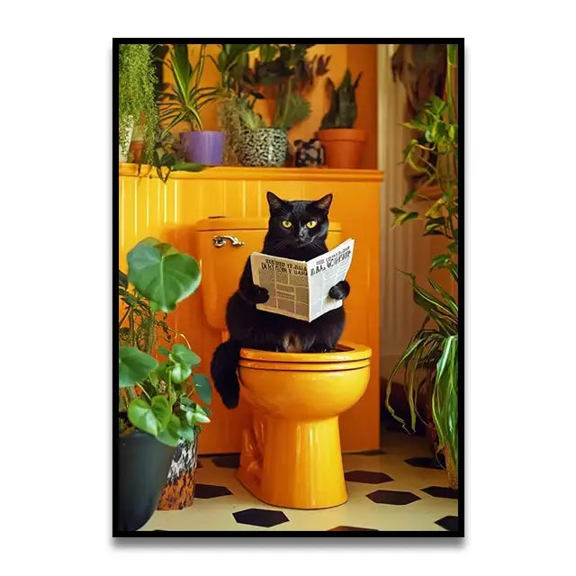 Funny dog reading newspaper pink bathroom canvas wall art