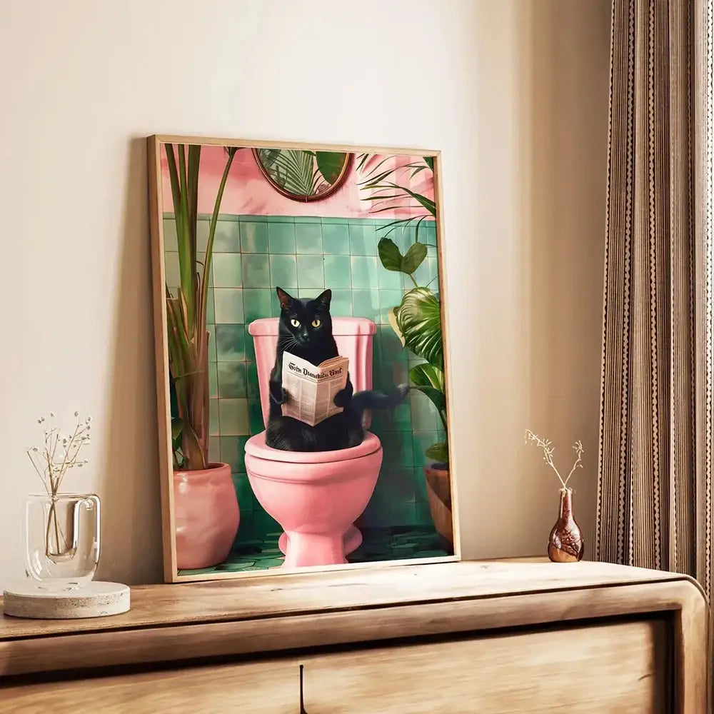 Funny dog reading newspaper pink bathroom canvas wall art