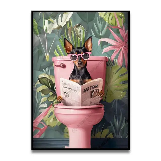 Whimsical giraffe on toilet canvas wall art for bathroom