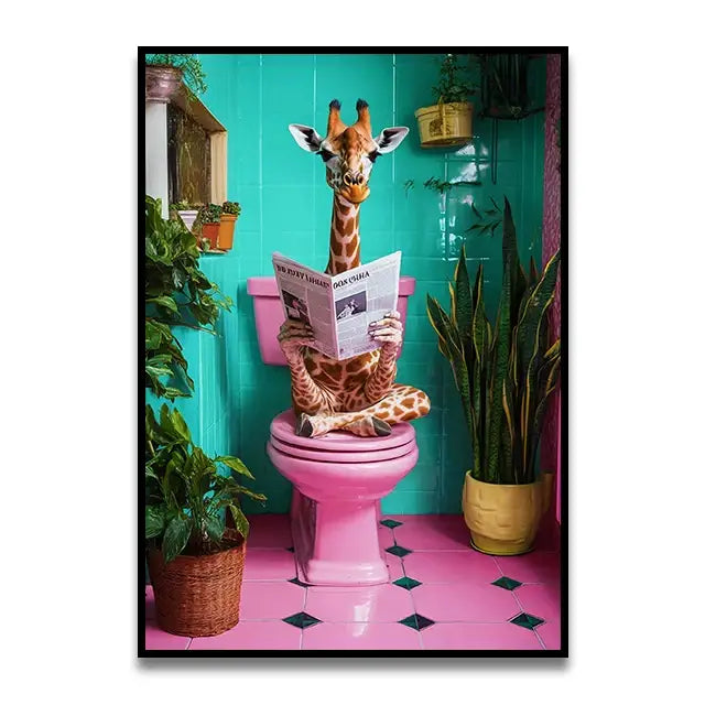 Whimsical giraffe on toilet canvas wall art for bathroom