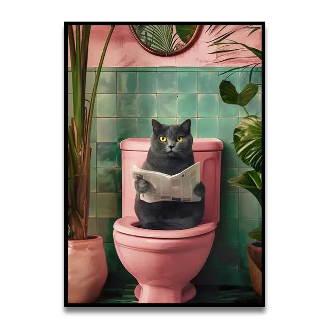 Funny dog reading newspaper pink bathroom canvas wall art