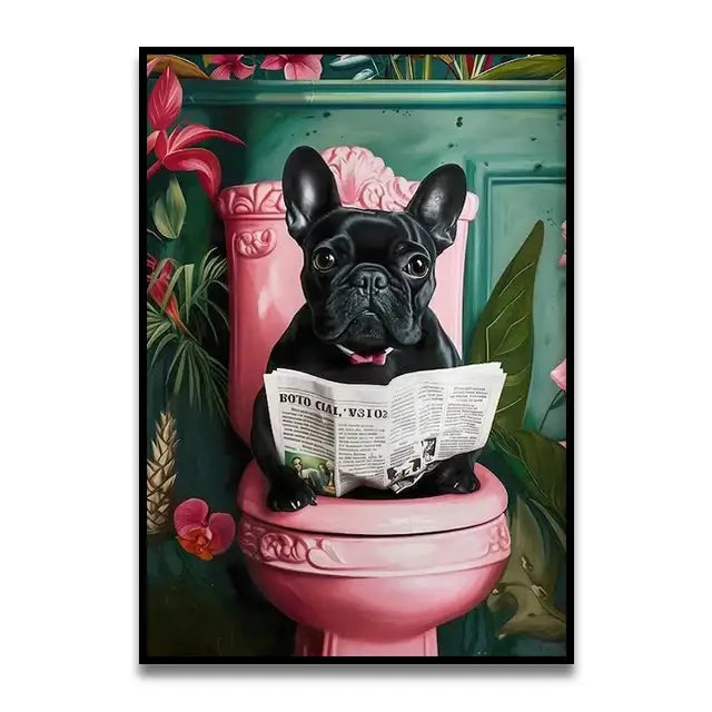 Funny black cat reading newspaper canvas bathroom wall art