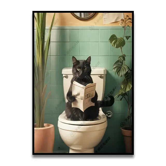 Funny black cat reading newspaper canvas bathroom wall art