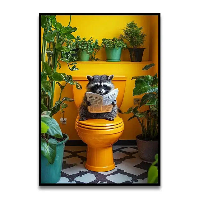Funny black cat reading newspaper canvas bathroom wall art