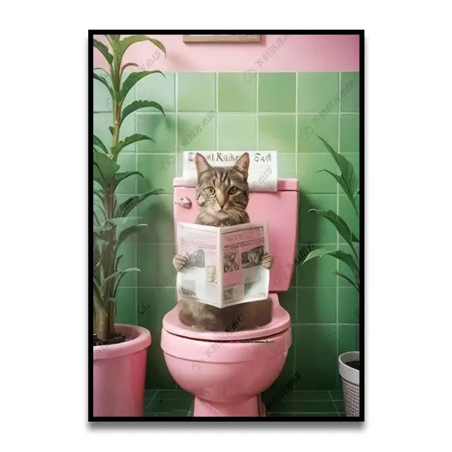 Whimsical teal giraffe bathroom wall art reading newspaper