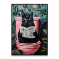 Funny black cat on pink toilet bathroom wall art print