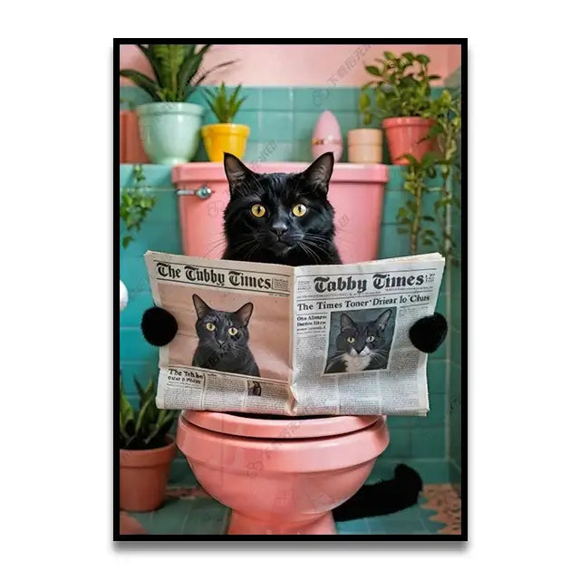 Funny black cat on pink toilet bathroom wall art print