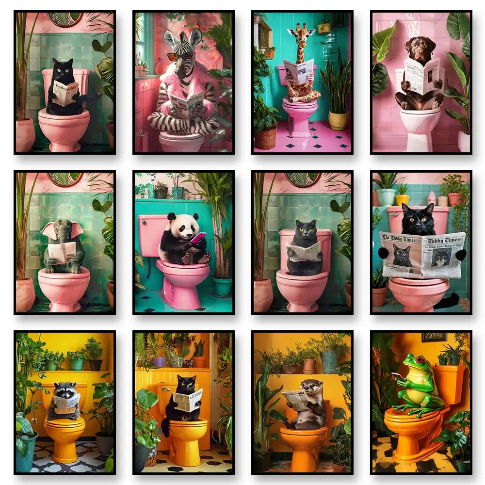 Funny black cat on pink toilet bathroom wall art print