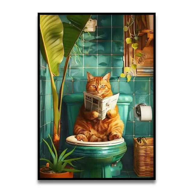 Funny flamingo on toilet pink bathroom wall art print