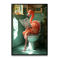 Funny flamingo on toilet pink bathroom wall art print
